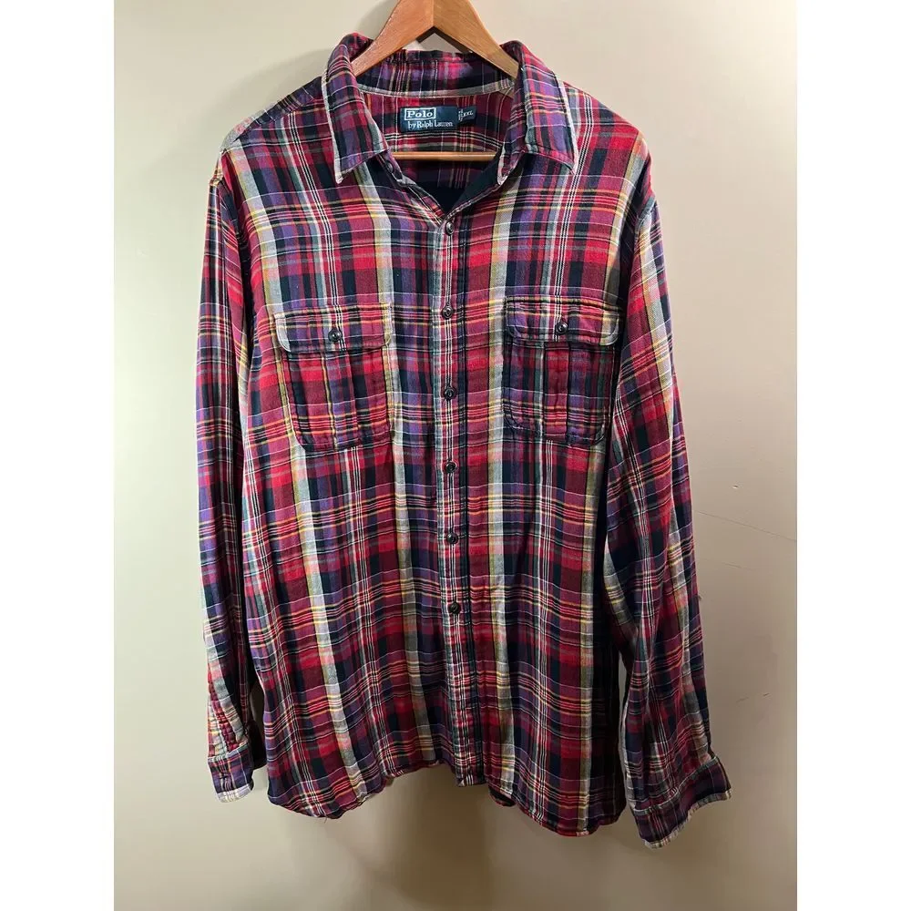 Polo Ralph Lauren Classic Red Plaid Button-Down Flannel Shirt Casual Long Sleeve